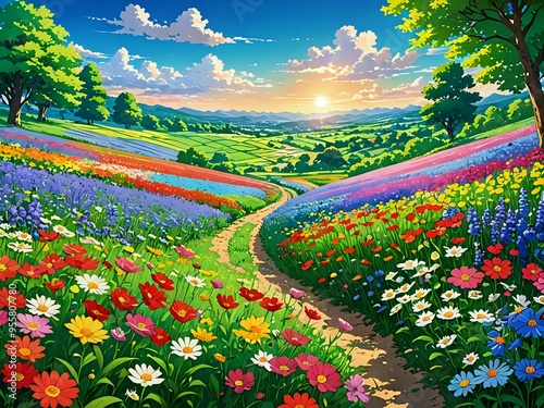 As spring arrives, the wildflower fields stretch as far as the eye can see, a vibrant tapestry of colors blending in beautiful harmony, anime art  photo