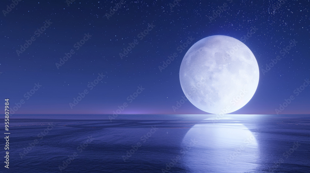 A 3D white moon with a glowing texture surface on beautiful relaxing wave wide ocean gradient night cinematic design blue dreamy background A 3D white moon with a glowing texture surface on beautiful relaxing wave wide ocean gradient night cinematic design blue dreamy background