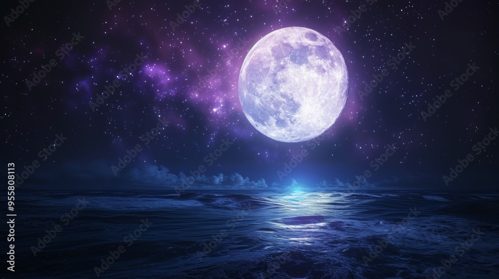 A 3D white moon with a glowing texture surface on beautiful relaxing wave wide ocean gradient night cinematic design dark purple fantasy fictional background A 3D white moon with a glowing texture surface on beautiful relaxing wave wide ocean gradient night cinematic design dark purple fantasy fictional background