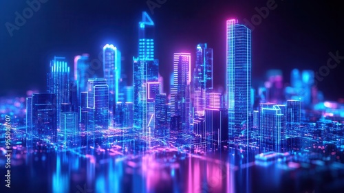 Holographic real estate portfolio, futuristic city skyline, neon lighting, investment analysis