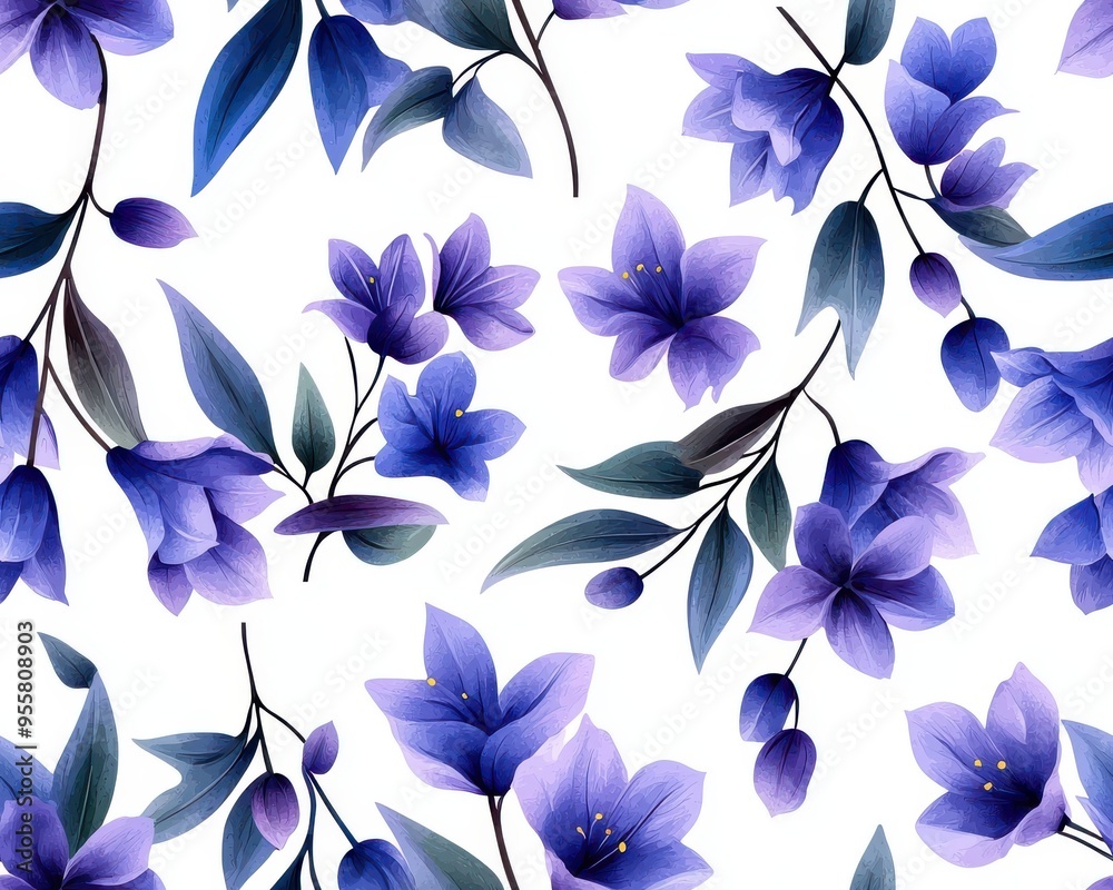 Fototapeta premium Beautiful floral pattern featuring vibrant purple flowers and green leaves on a clean white background.