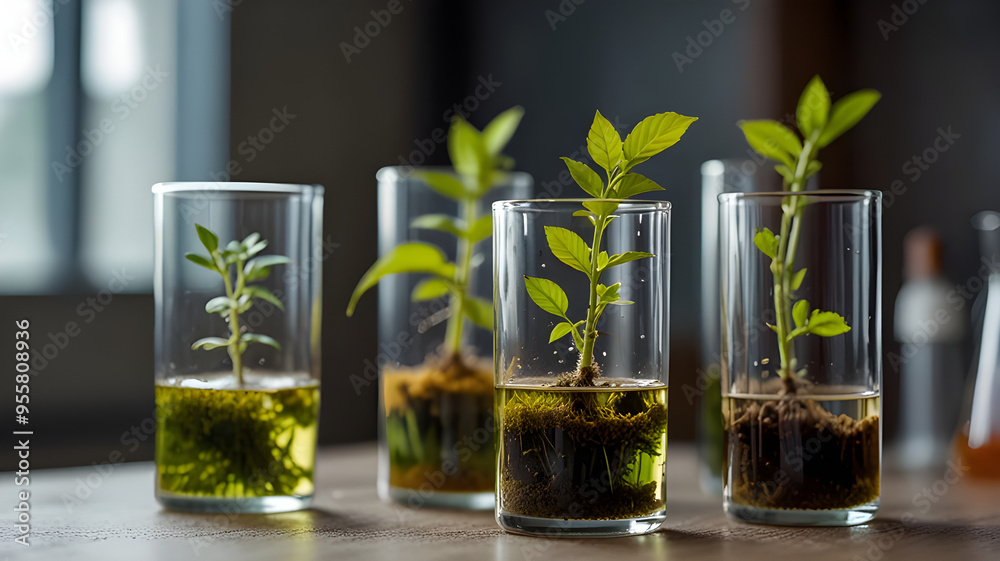 Fototapeta premium Plants inside test tubes, environmental protection concept