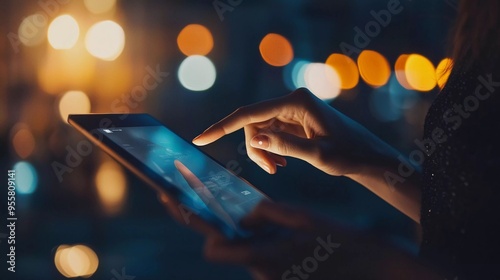 Woman pointing on digital tablet screen at night office .Horizontal.Blurred background.Nice flares