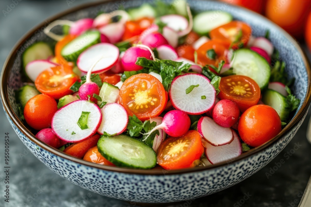 Colorful bowl of mixed raw vegetables including cherry tomatoes, radishes, and cucumbers, perfect for a healthy diet, Clean eating, vegetable salad Colorful bowl of mixed raw vegetables including cherry tomatoes, radishes, and cucumbers, perfect for a healthy diet, Clean eating, vegetable salad