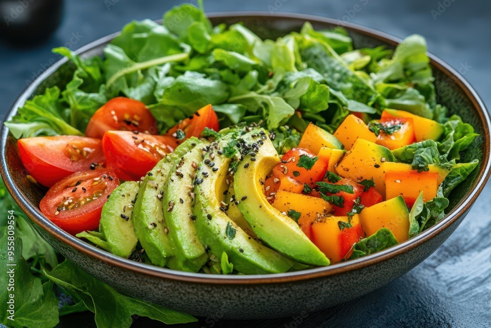 Fresh, colorful vegetable bowl with slices of avocado and mixed greens, ideal for clean eating, Healthy lifestyle, meal prep Fresh, colorful vegetable bowl with slices of avocado and mixed greens, ideal for clean eating, Healthy lifestyle, meal prep