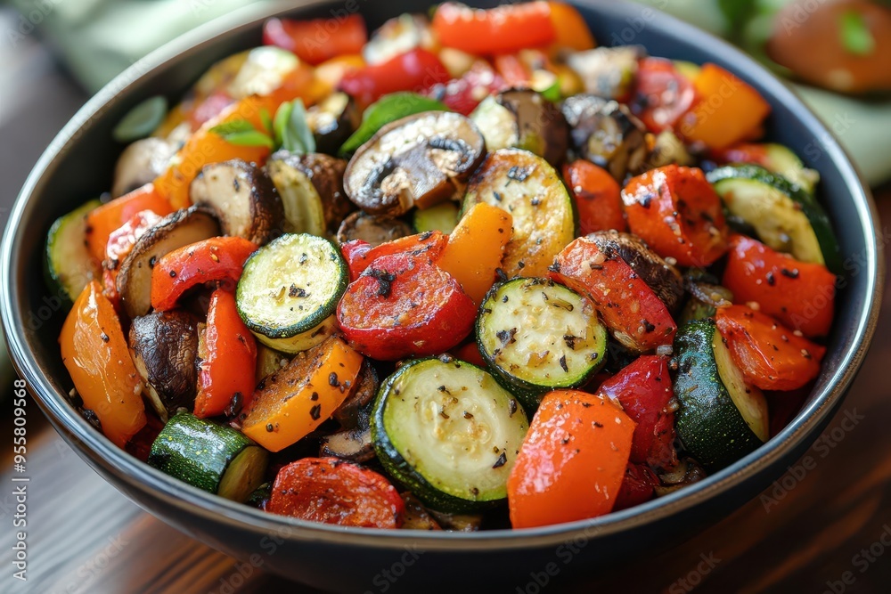 Roasted vegetable bowl with a mix of zucchini, sweet peppers, and mushrooms, vibrant and appetizing, Healthy dinner, meal planning Roasted vegetable bowl with a mix of zucchini, sweet peppers, and mushrooms, vibrant and appetizing, Healthy dinner, meal planning
