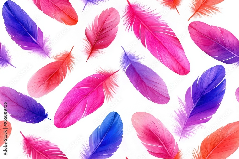 Colorful feathers in shades of pink and purple arranged on a white background, ideal for vibrant design projects.