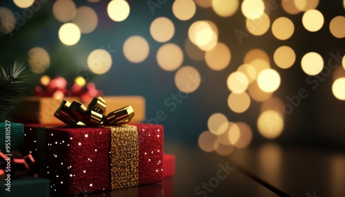 Festive gift boxes wrapped in colorful paper, illuminated by soft, twinkling lights, creating a warm holiday atmosphere.