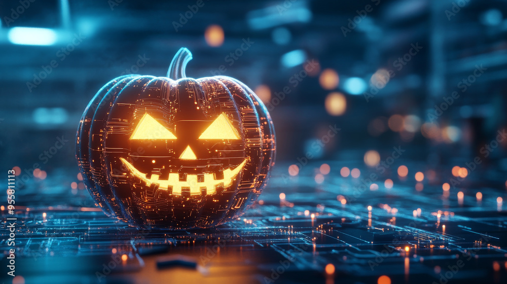 A glowing jack o lantern with cyberpunk twist, set against digital backdrop, creates captivating Halloween atmosphere. A glowing jack o lantern with cyberpunk twist, set against digital backdrop, creates captivating Halloween atmosphere.