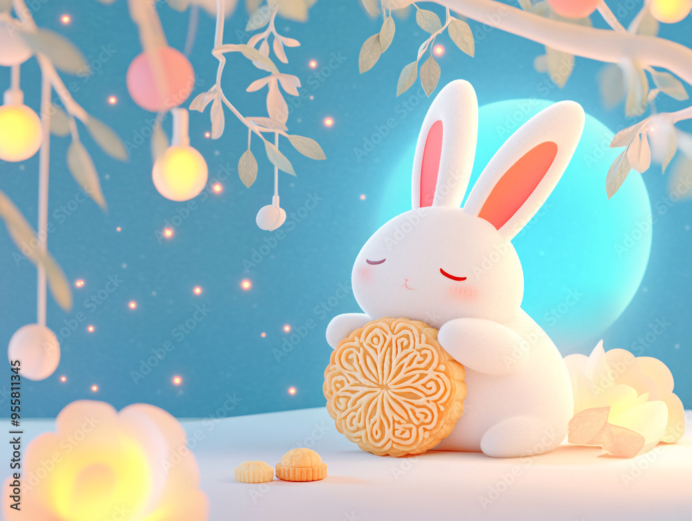 Obraz premium Mid-Autumn Festival 3D cute Jade rabbit holding mooncake creative illustration 