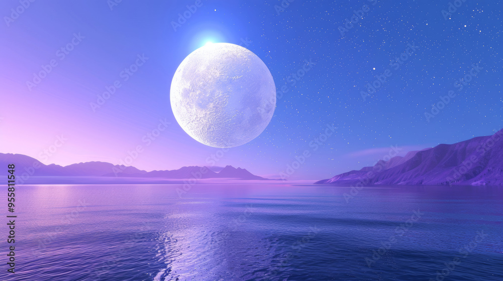 A 3D white moon on beautiful relaxing wave wide ocean and curved mountains gradient starry sky night cinematic design purple blue dreamy background A 3D white moon on beautiful relaxing wave wide ocean and curved mountains gradient starry sky night cinematic design purple blue dreamy background