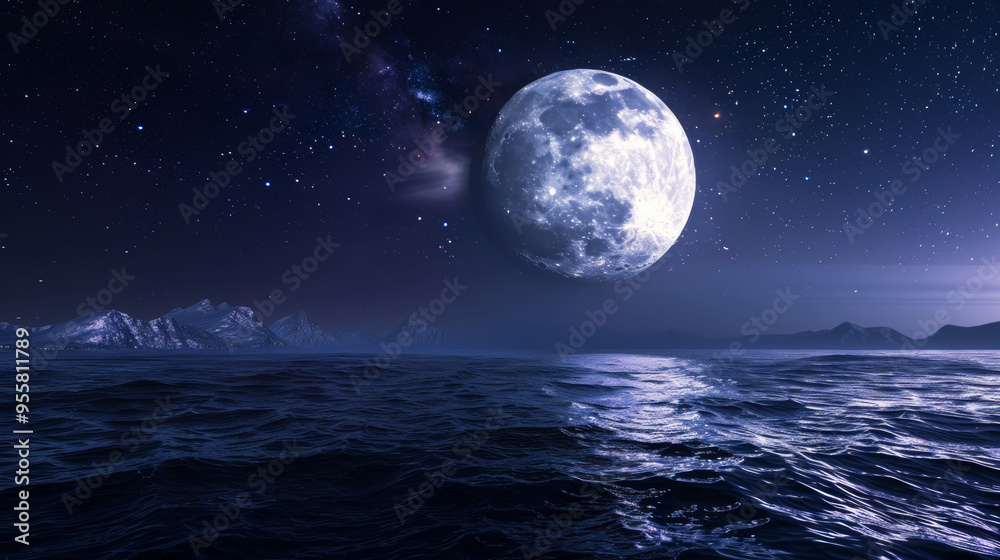 A 3D white moon on beautiful relaxing wave wide ocean and curved mountains gradient starry sky night cinematic design purple fantasy realistic background A 3D white moon on beautiful relaxing wave wide ocean and curved mountains gradient starry sky night cinematic design purple fantasy realistic background