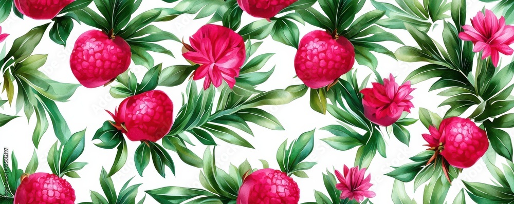 Vibrant floral pattern featuring strawberries and peonies, ideal for backgrounds, textiles, and decorative designs. Vibrant floral pattern featuring strawberries and peonies, ideal for backgrounds, textiles, and decorative designs.