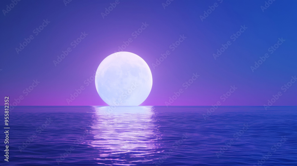 A 3D white moon with a glowing texture surface on beautiful relaxing wave wide ocean gradient night cinematic design purple blue dreamy background A 3D white moon with a glowing texture surface on beautiful relaxing wave wide ocean gradient night cinematic design purple blue dreamy background