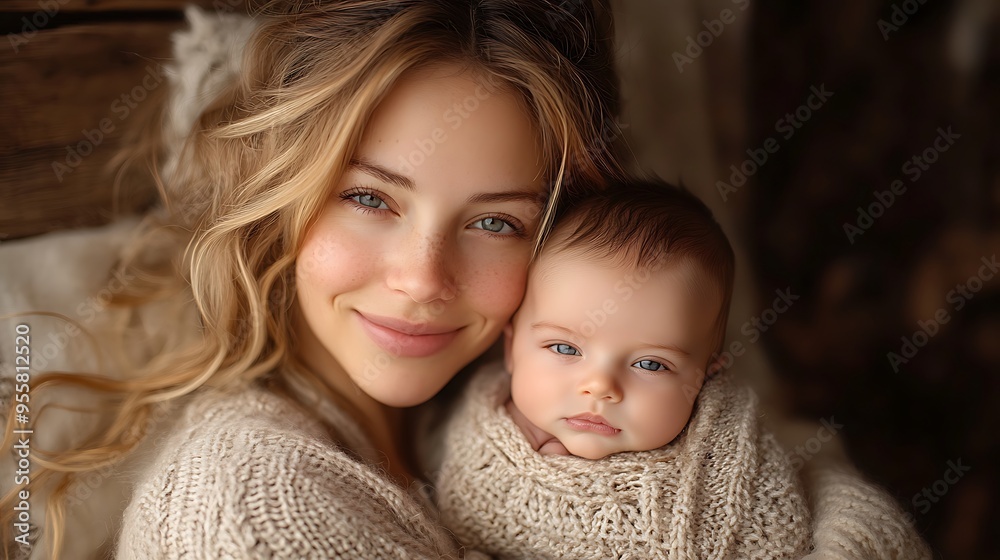 A young mother with blue eyes smiles lovingly at the camera while holding her baby close.