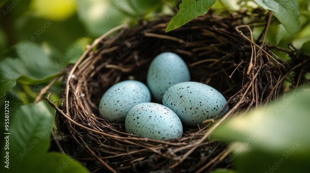 Close-up of a nest with eggs in rich detail for a fascinating experience. Bird eggs in a well-assembled nest in a natural scene of their habitat. Close-up of a nest with eggs in rich detail for a fascinating experience. Bird eggs in a well-assembled nest in a natural scene of their habitat.