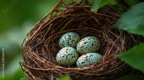 Close-up of a nest with eggs in rich detail for a fascinating experience. Bird eggs in a well-assembled nest in a natural scene of their habitat.