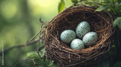 Close-up of a nest with eggs in rich detail for a fascinating experience. Bird eggs in a well-assembled nest in a natural scene of their habitat.