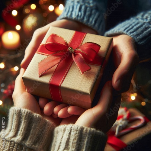 Close-Up of Hands Offering and Accepting a Wrapped Gift photo