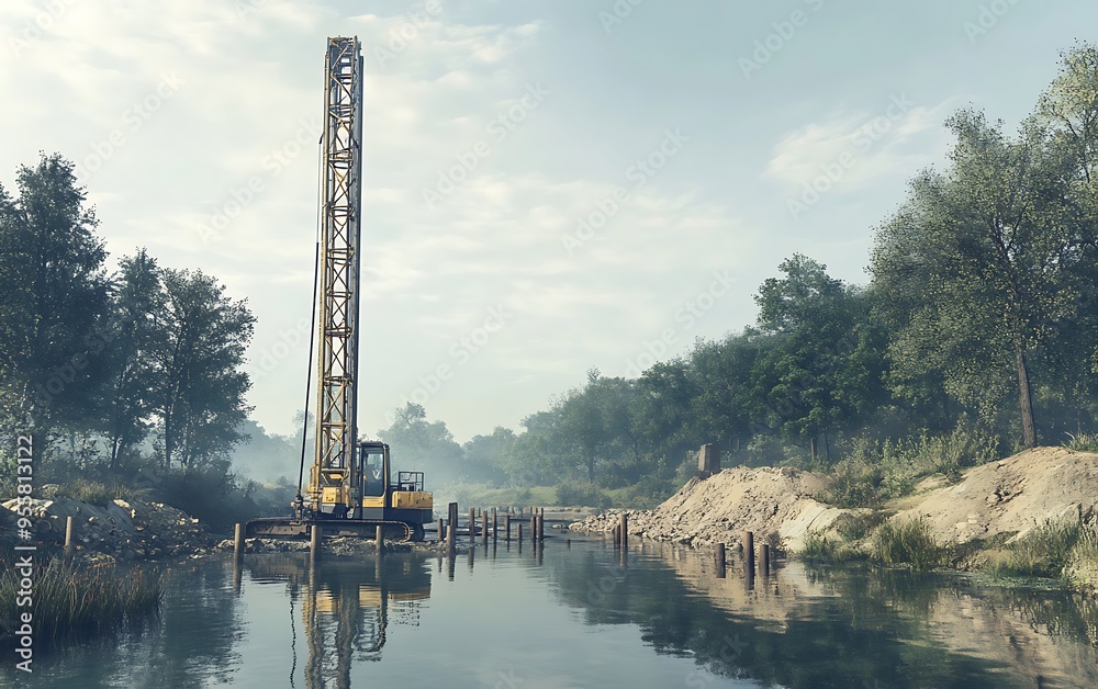 Obraz premium Pile Driver Working Near Riverbank with Reflections in Calm Water