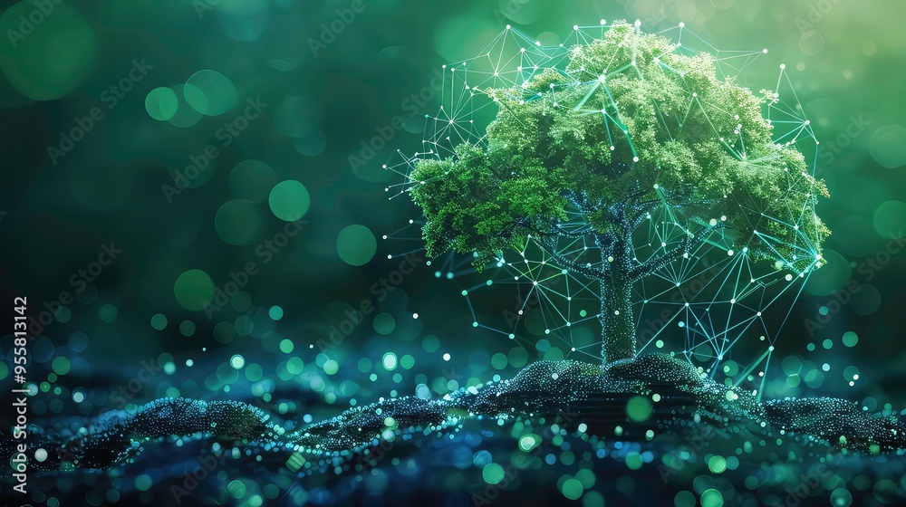 A tree with glowing lines of network connection on a dark green background. A tree with glowing lines of network connection on a dark green background.