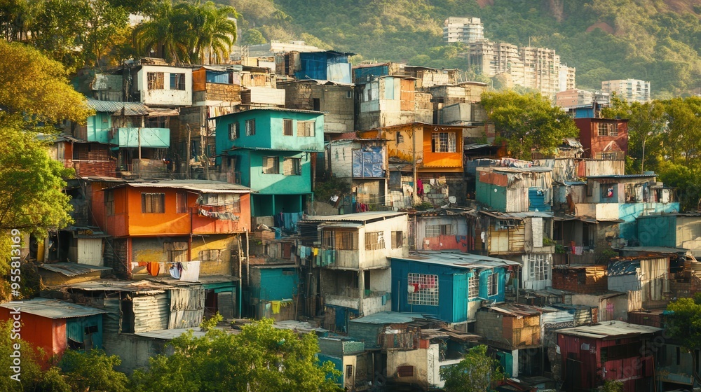Fototapeta premium A vibrant neighborhood showcases adjacent luxurious villas and crumbling shanties, highlighting extreme social inequality and contrasting lifestyles. Generative AI