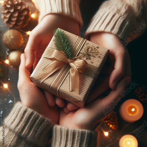 Close-Up of Hands Offering and Accepting a Wrapped Gift photo