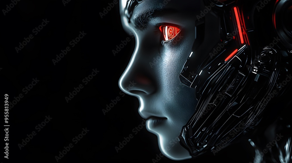 Close-up of a robotic android face with red glowing eye Close-up of a robotic android face with red glowing eye