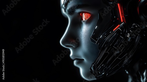 Close-up of a robotic android face with red glowing eye