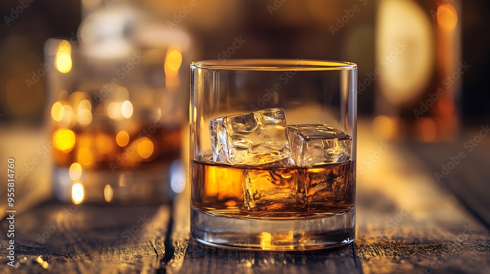 Glass of whiskey with ice on wooden table. Glass of whiskey with ice on wooden table.