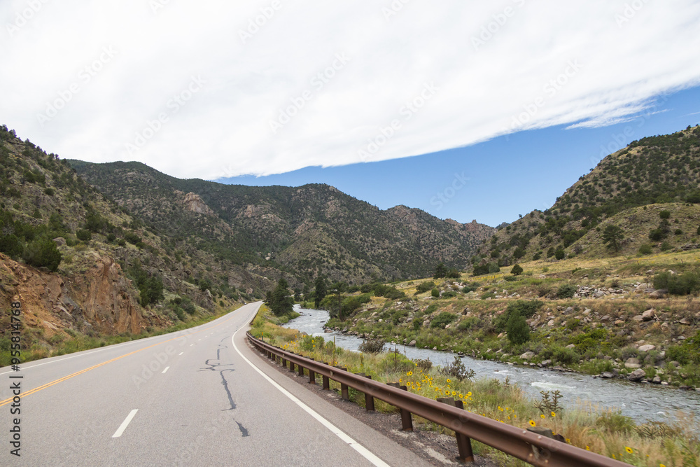 Rafters on the Arkansas River flowing through Royal Gorge Canyon, Colorado Rafters on the Arkansas River flowing through Royal Gorge Canyon, Colorado