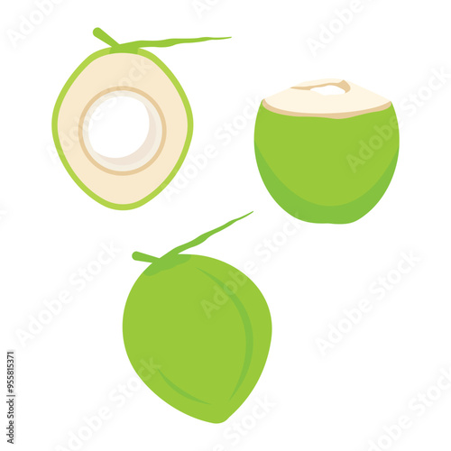 Green coconut with various shapes and coconut slices.