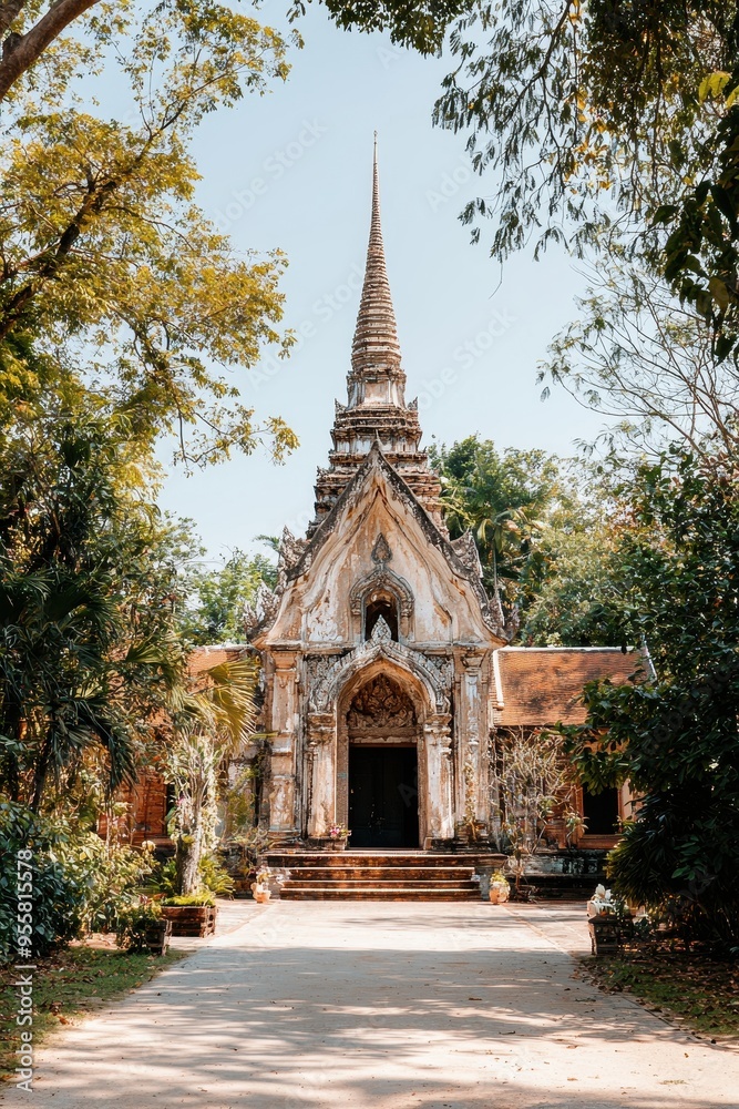 Naklejka premium Ancient Temple Entrance With Lush Greenery and Pathway
