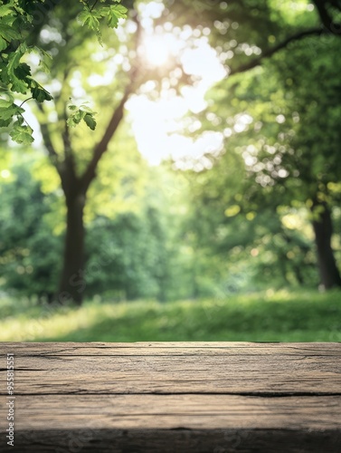 Empty surface, blurred trees background, advertising banner Summer mockup for design and product display.