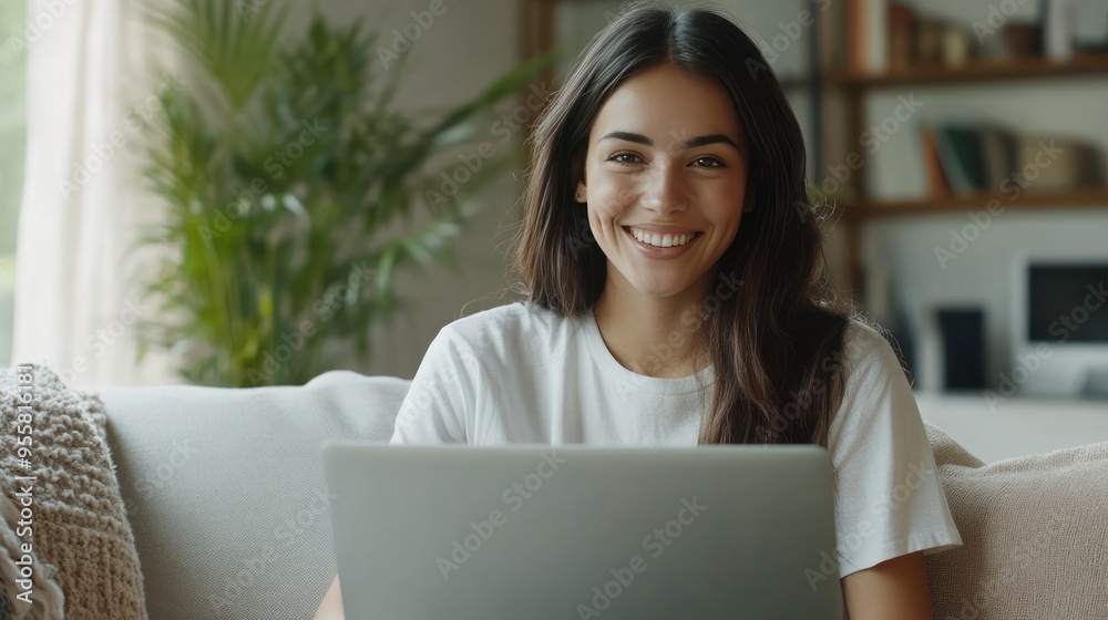 Smiling Woman Using Laptop While Sitting on Couch Smiling Woman Using Laptop While Sitting on Couch
