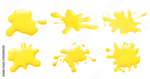 Blots of yellow printer ink on white background, set. Top view