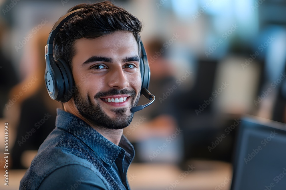 Smiling Man Wearing Headphones in Office Setting Smiling Man Wearing Headphones in Office Setting