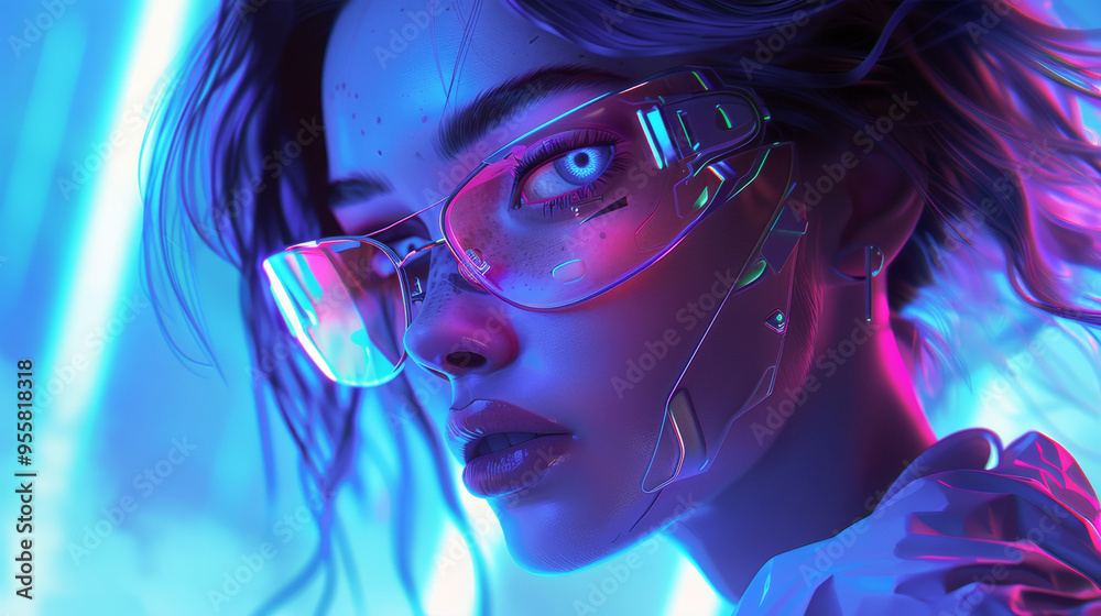 3D beautiful girl with black hair in futuristic transparent glasses with robotic body suit cyberpunk futuristic neon purple cool background 3D beautiful girl with black hair in futuristic transparent glasses with robotic body suit cyberpunk futuristic neon purple cool background