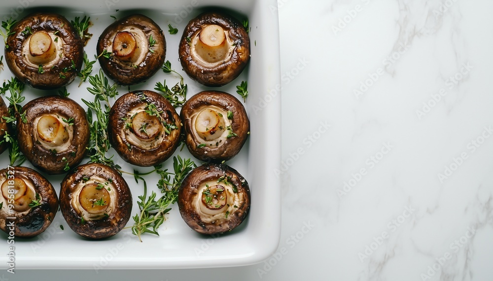 Roasted mushroom meal healthy real food in white table background Roasted mushroom meal healthy real food in white table background