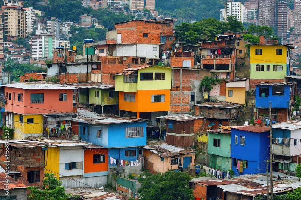 Fototapeta premium Luxurious villas tower above vibrant shanties, highlighting stark social inequality in a bustling urban landscape filled with contrasts. Generative AI