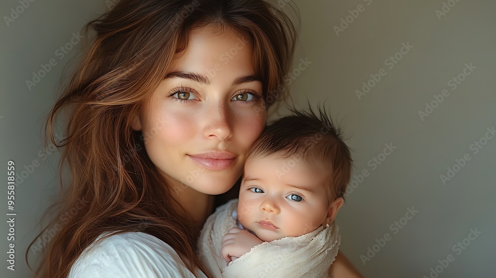 A young mother with long brown hair, wearing a white shirt, holds her baby close. They both look at the camera with loving expressions. The baby is swaddled in a light colored cloth and has blue eyes. A young mother with long brown hair, wearing a white shirt, holds her baby close. They both look at the camera with loving expressions. The baby is swaddled in a light colored cloth and has blue eyes.