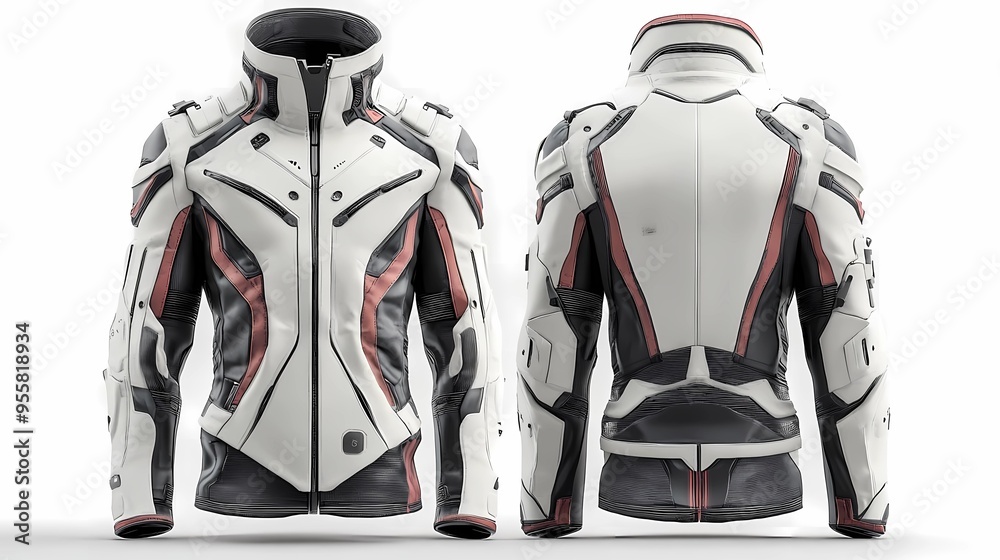 stunning futuristic white black motocycle jacket for male mockup with front and back views isolated clean white background stunning futuristic white black motocycle jacket for male mockup with front and back views isolated clean white background