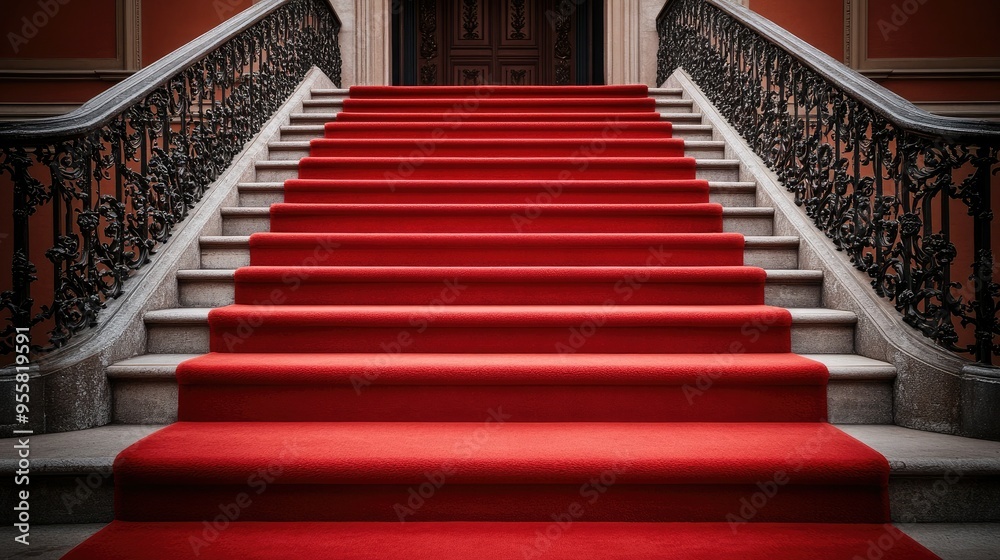 Elegant red carpeted stairs lead to a majestic doorway, perfect for showcasing luxury and grandeur in interior design. Elegant red carpeted stairs lead to a majestic doorway, perfect for showcasing luxury and grandeur in interior design.