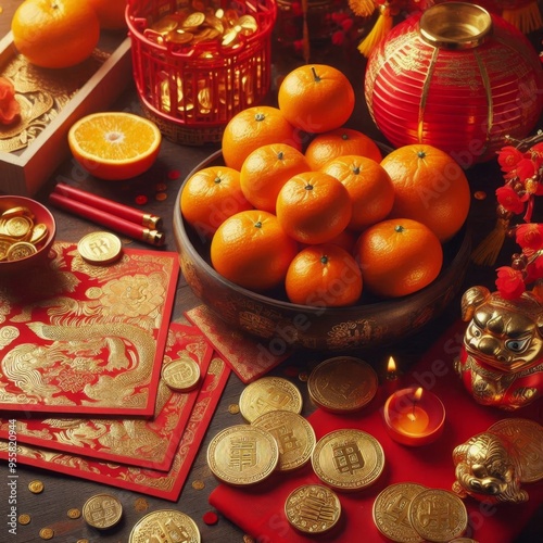 Mandarin Oranges, Red Envelopes, and Gold Coins for Chinese New Year Celebration photo