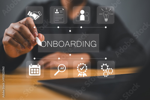 Onboarding business process concept. Businessman working structural business onboarding on virtual interface screen.