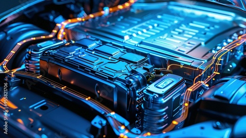 Electric Car Lithium Battery Pack with Power Connections: Core of Modern Automotive Technology Shown in a Vibrant Blue Tone