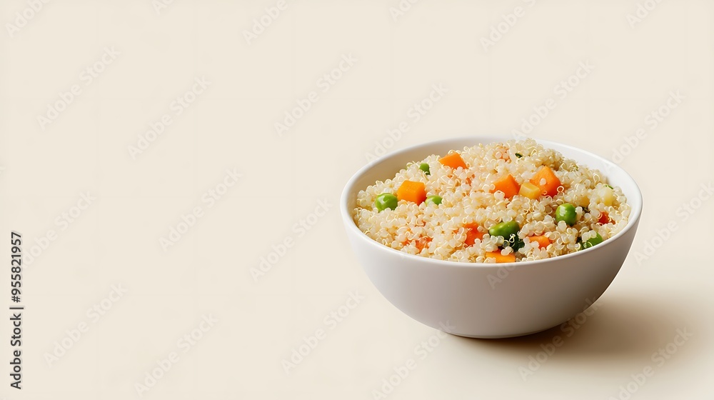 Quinoa with Steamed Vegetables in Bowl on Beige Background Quinoa with Steamed Vegetables in Bowl on Beige Background