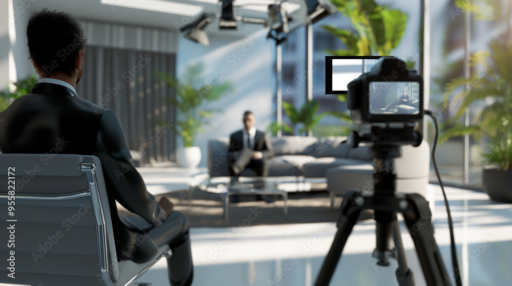 a camera on a tripod recording a businessman giving interview a camera on a tripod recording a businessman giving interview
