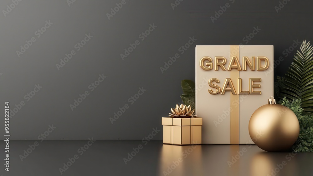 Elegant display of a grand sale promotion with a gift box, ornament, and greenery on a sleek black background.