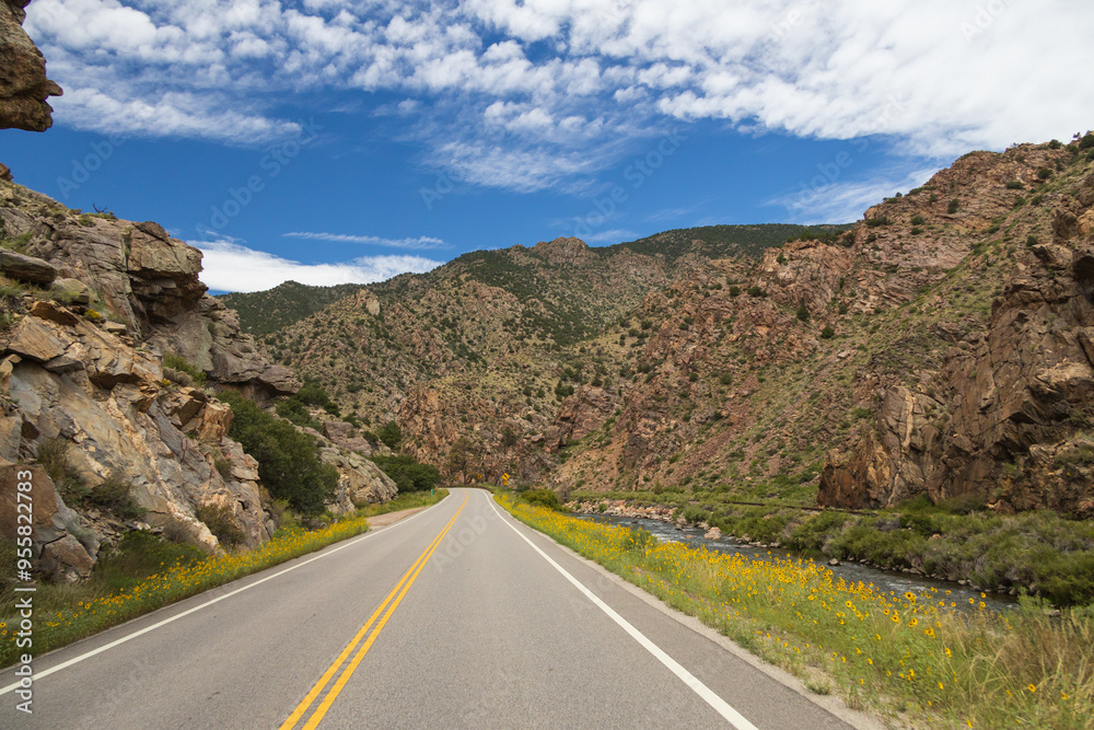 Road beside the Arkansas River flowing through Royal Gorge Canyon, Colorado Road beside the Arkansas River flowing through Royal Gorge Canyon, Colorado